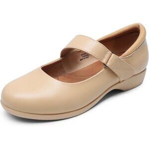 Dream Pairs Women's Nude Leather Ankle Strap and Arch Support Ballet Flats
